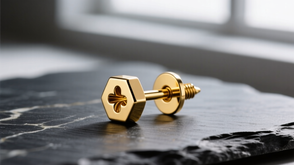 Macro shot of a 14k yellow gold screw back earring post showing delicate external threading, resting on a dark slate surface.