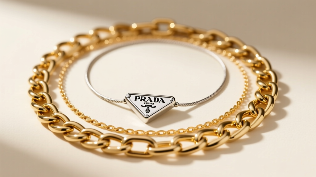 Flat lay of a layered necklace stack featuring a Prada pendant on a 1.5mm cable chain mixed with a 4mm gold Cuban link chain