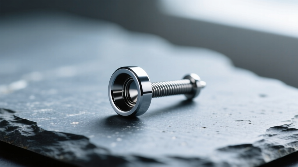 Macro of a 14-gauge titanium labret stud on slate, side lighting highlighting the threaded post and polished bezel setting.