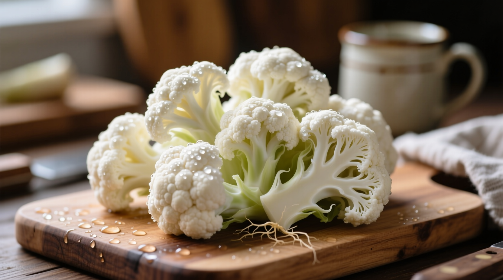 Fresh cauliflower florets on cutting board