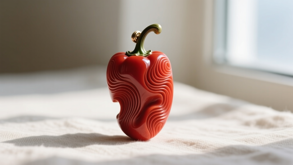 Macro photography of a vintage carved Mediterranean red coral Italian pepper pendant showing natural organic striations and a deep crimson hue against a linen backdrop