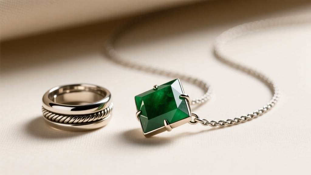 Close-up of a vintage spring ring clasp and a delicate 1.5mm platinum rope chain attached to a geometric jade art deco pendant.