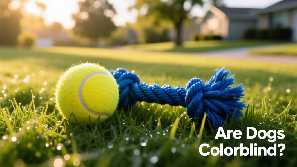 A yellow tennis ball and a blue rope toy lying on green grass, illustrating high-contrast colors visible to dogs