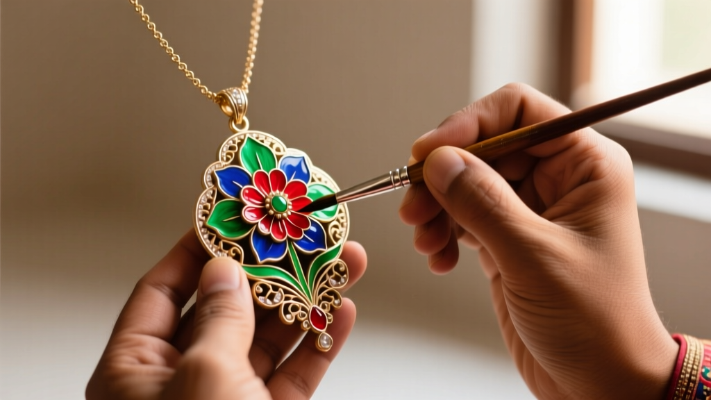 Artisan applying delicate Meenakari enamel to the reverse side of a floral pendant from a Pakistan necklace using a fine brush.
