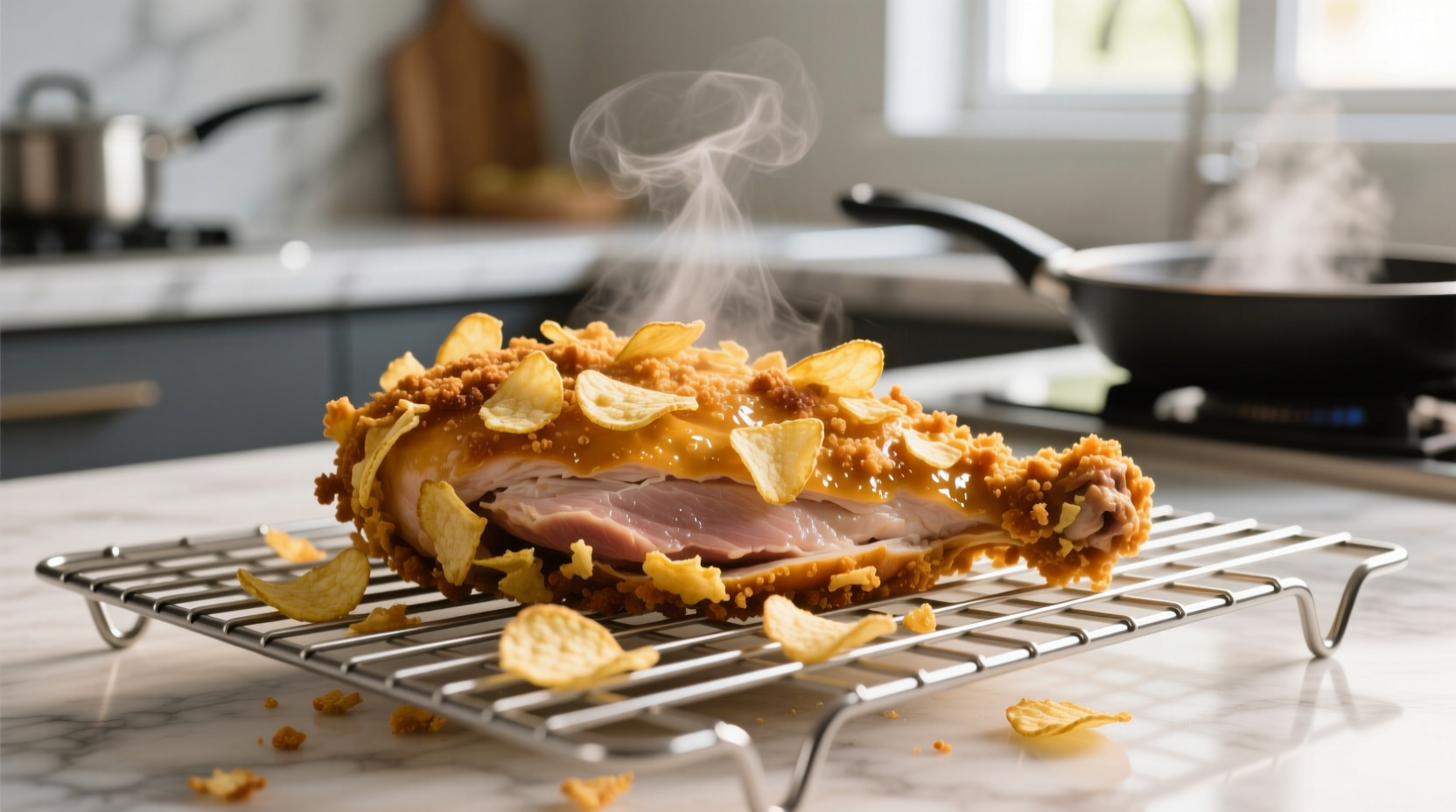 Golden brown potato chip crusted chicken on wire rack