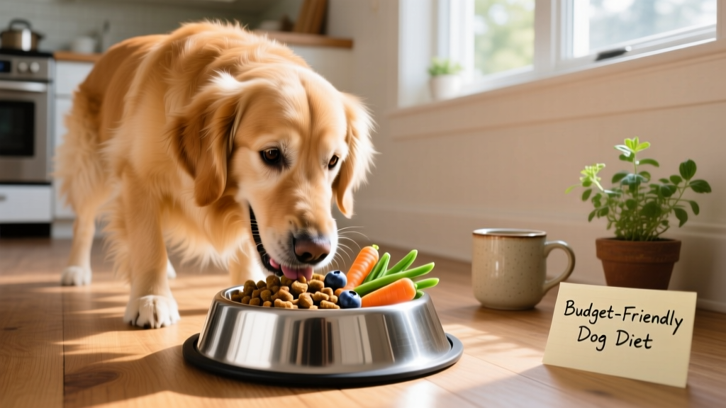 A happy, healthy dog eating from a stainless steel bowl filled with kibble and fresh vegetables