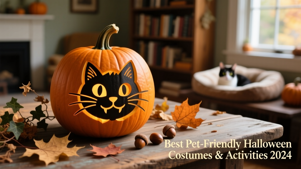 A carved pumpkin featuring a playful cat face stencil, lit softly on a rustic wooden table with fall foliage
