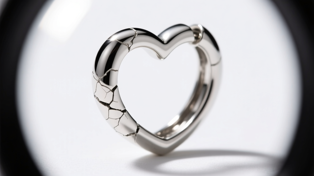 10x loupe inspecting the cleft of a 16-gauge platinum heart hoop earring for micro-fractures and metal fatigue.