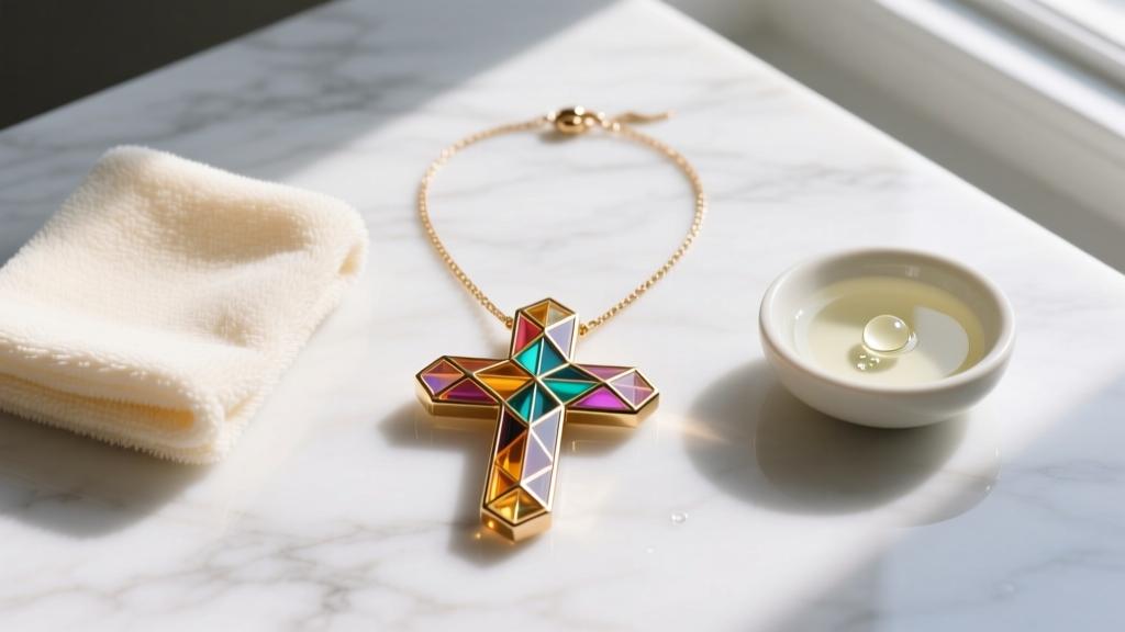 Flat lay of jewelry care tools including a microfiber cloth, mild soap, and a vibrant resin and brass cross necklace on marble.