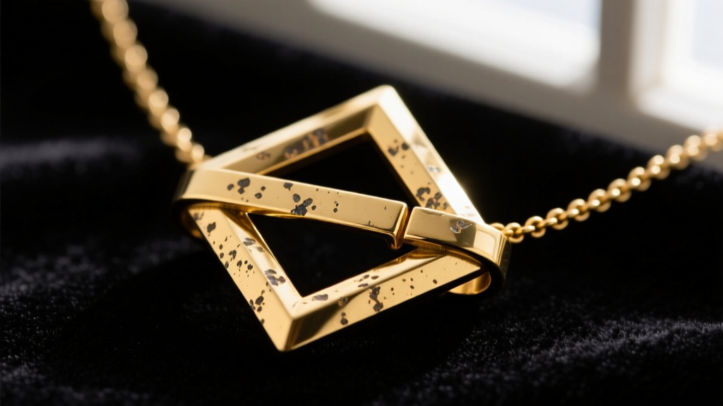 Macro shot of a brass demi-fine necklace clasp showing slight oxidation on the gold plating against a dark velvet background.