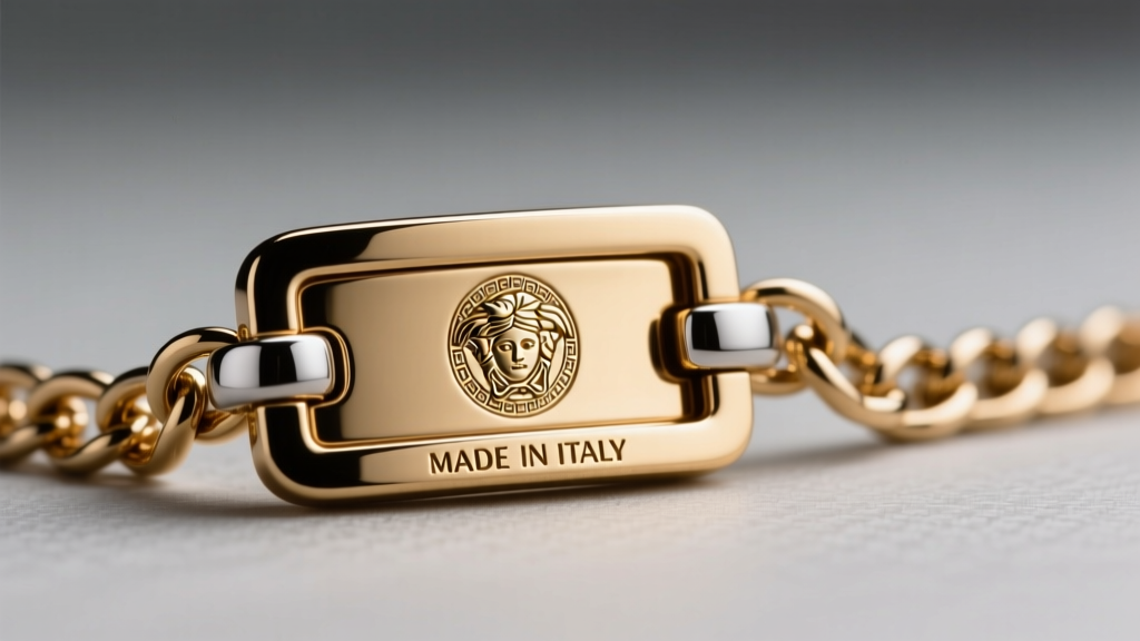 Macro photograph of a Versace lobster clasp and extender chain, focusing on the deep laser-engraved MADE IN ITALY hallmark stamp.