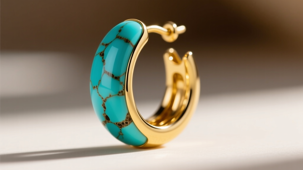 Close-up of a turquoise and 18k gold huggie earring highlighting the porous matrix of the stone against polished yellow gold metal