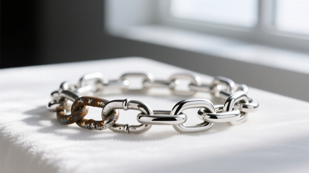 Macro shot comparing a tarnished 925 sterling silver chain link next to a bright Argentium 935 silver link resting on white velvet.