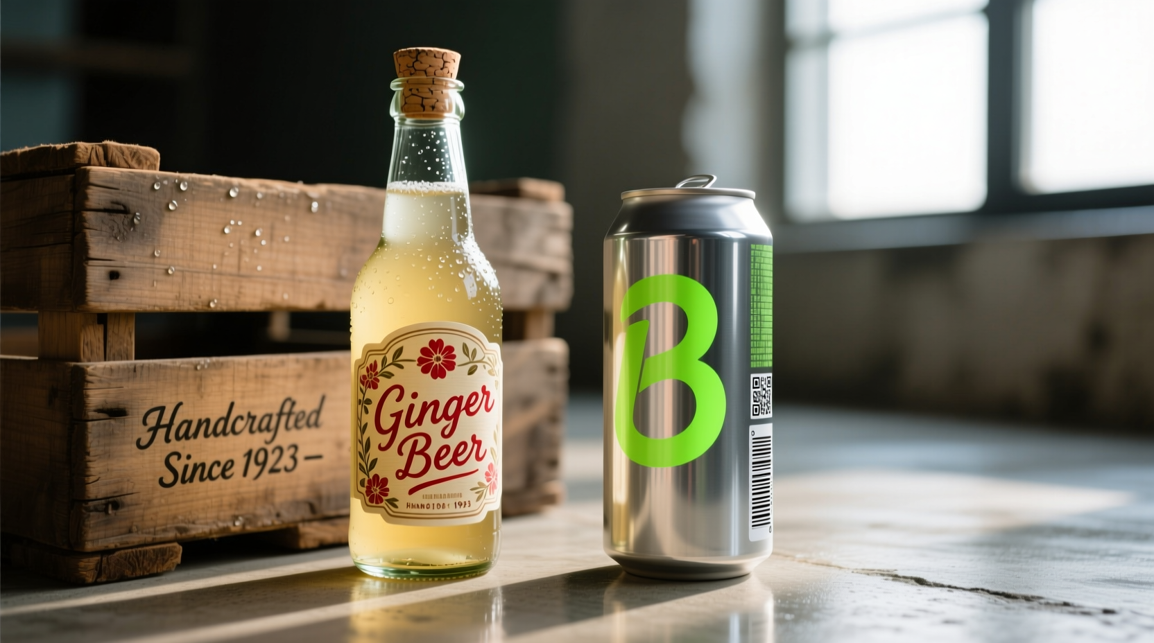 Traditional ginger beer bottle next to modern commercial version