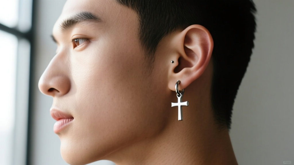 Side profile of a person wearing a 20-gauge surgical steel upside down cross huggie on an upper cartilage helix piercing.