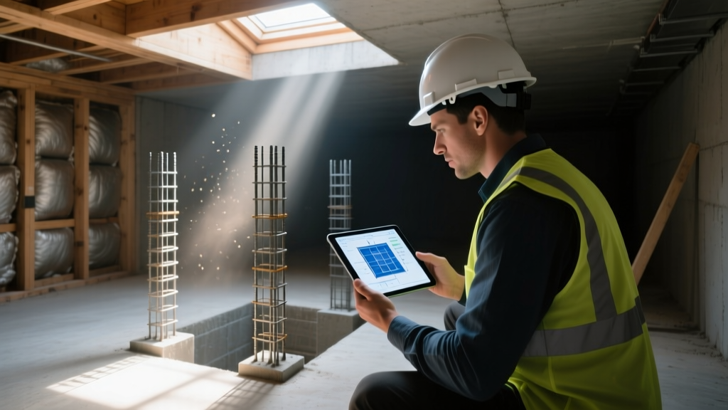 Structural engineer inspecting a laser-leveled foundation pier system with digital tablet in a dimly lit residential crawl space