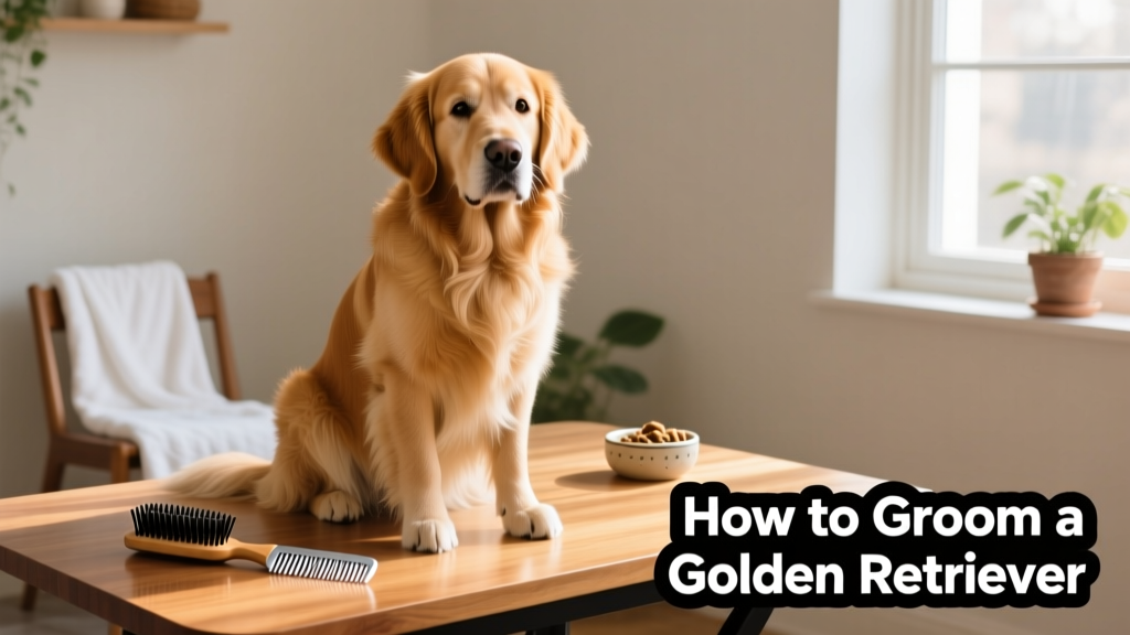 A well-groomed Golden Retriever sitting calmly on a grooming table with a brush and comb nearby