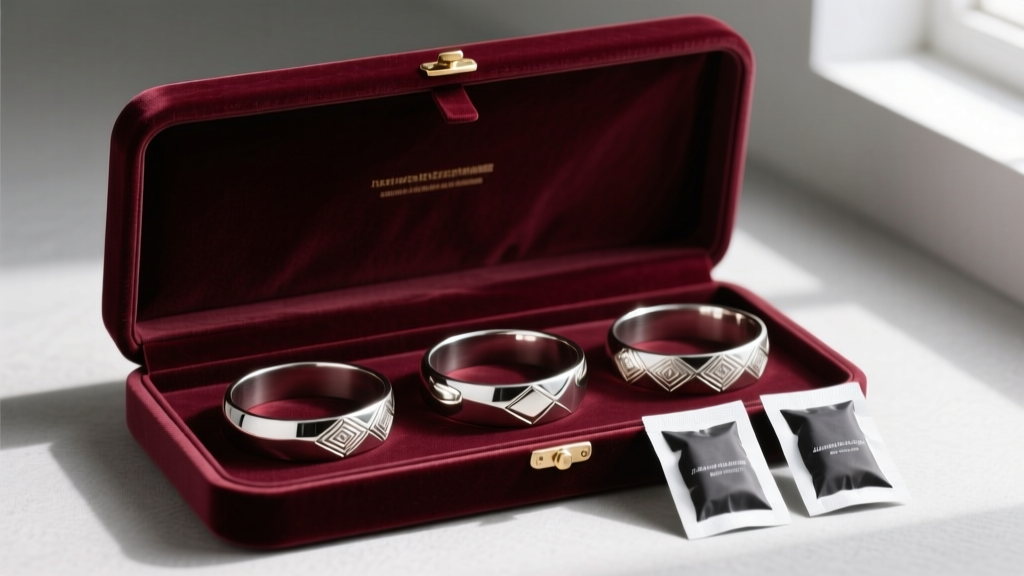 Open velvet jewelry box lined with anti-tarnish cloth holding polished silver bangles, alongside small activated charcoal packets