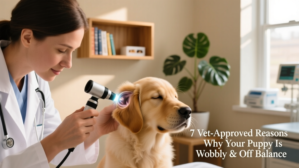 Close-up of a veterinarian gently examining a puppy's ear with an otoscope