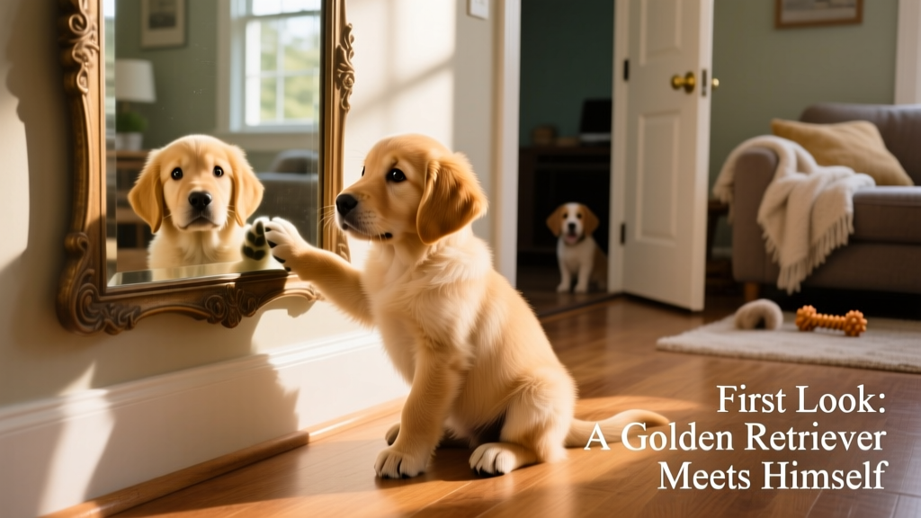 Saint sitting calmly beside the mirror, gently pawing at the glass as if testing its surface