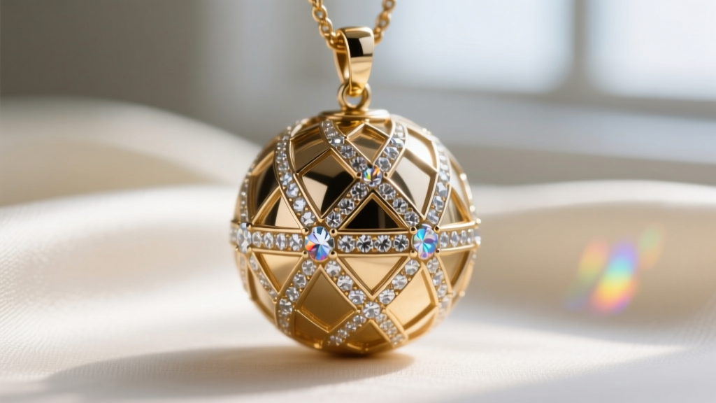 Macro close-up of a brass orb pendant showing intricate cross-hatch engraving and pave crystal detailing against blurred silk