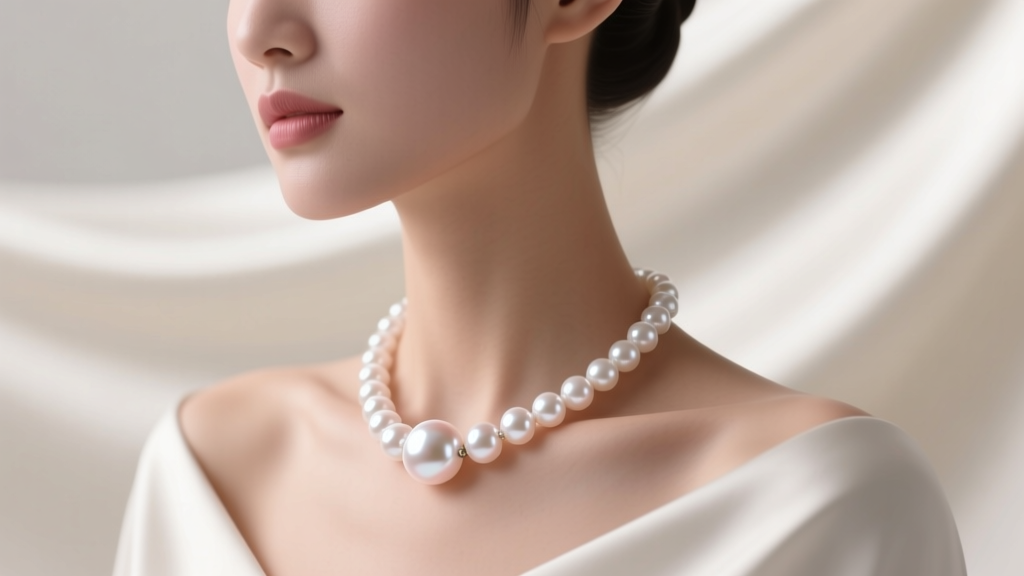 Woman wearing a 10mm white South Sea pearl necklace, soft studio lighting highlighting the mirror-like luster and rose overtones