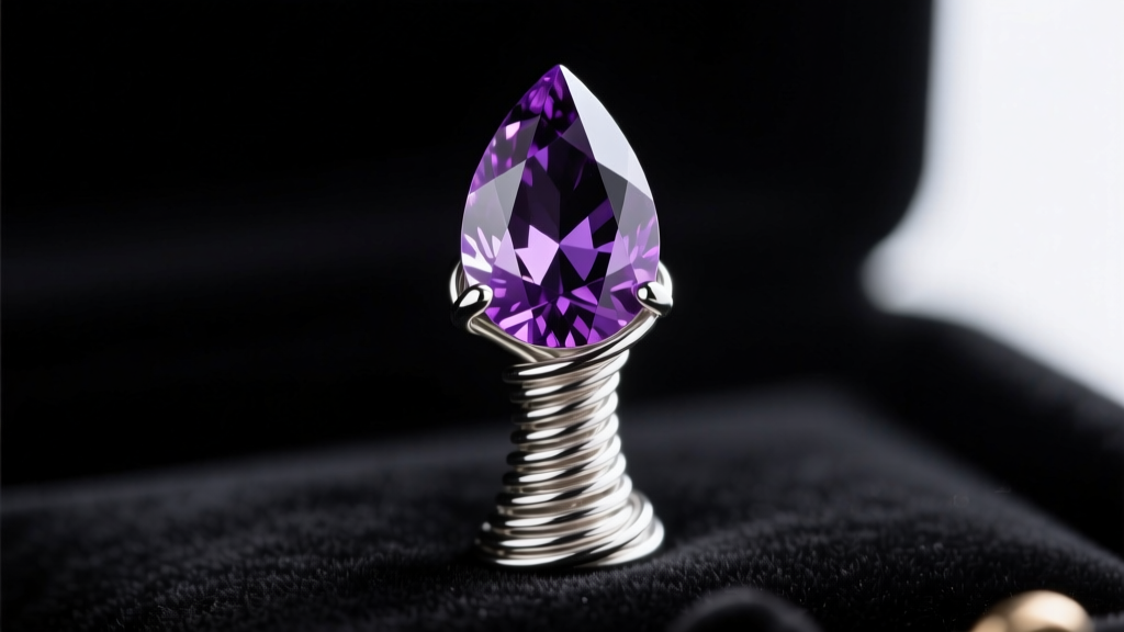 Close-up of 20-gauge sterling silver wire tightly wrapped around the top of a teardrop amethyst briolette on a dark velvet mat