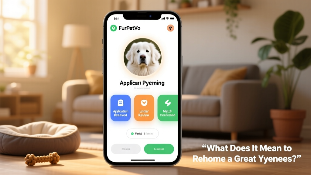 Screenshot-style graphic showing a clean, mobile-friendly FurPetVo rehoming dashboard with profile preview and application status indicators
