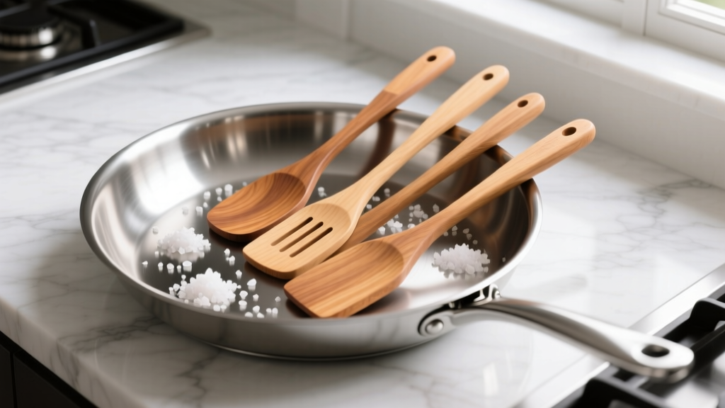 Beechwood spatulas resting on a polished 18/10 stainless steel frying pan with scattered coarse salt on a marble kitchen counter