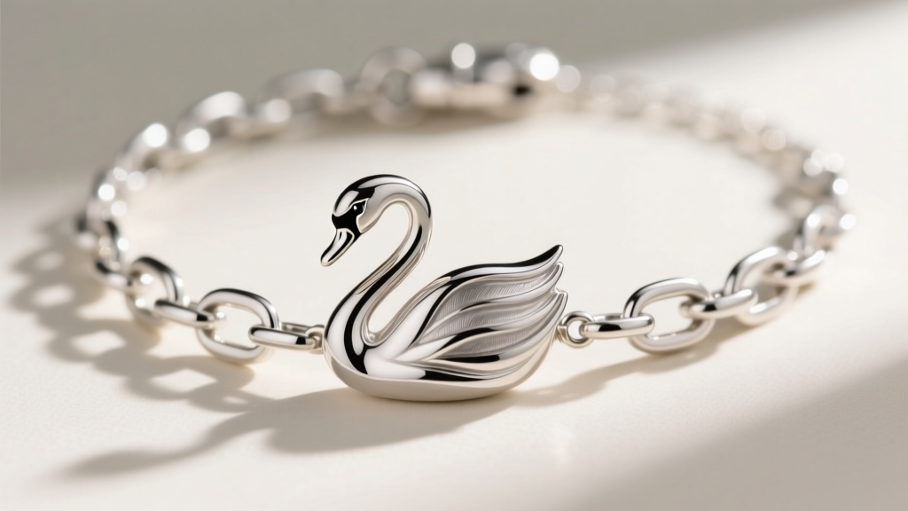 Macro shot of a 925 sterling silver swan necklace chain and links, showing intricate metalwork and a secure lobster claw clasp