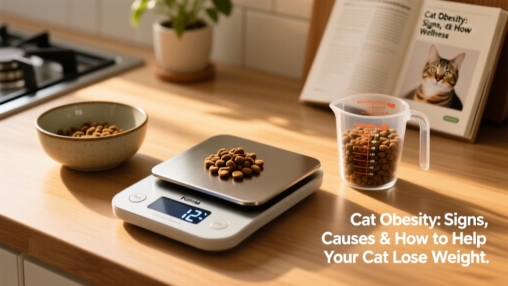 Digital kitchen scale displaying precise portion measurement of dry cat food next to a bowl and measuring cup
