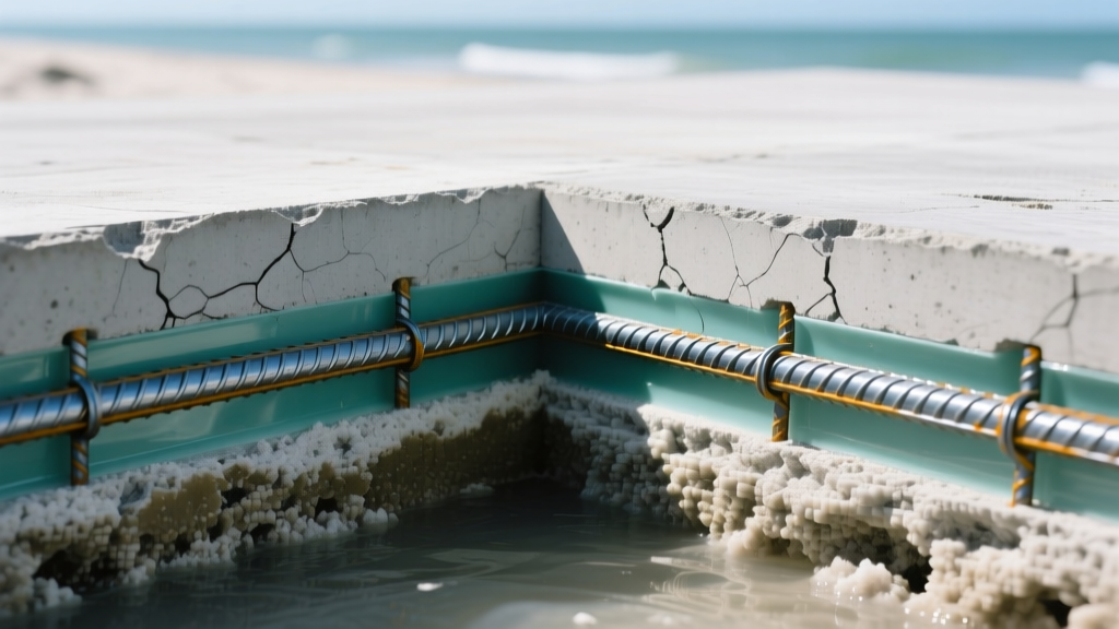 Cross-section of marine-grade concrete foundation with epoxy-coated rebar resisting saltwater intrusion in Lake Worth Beach