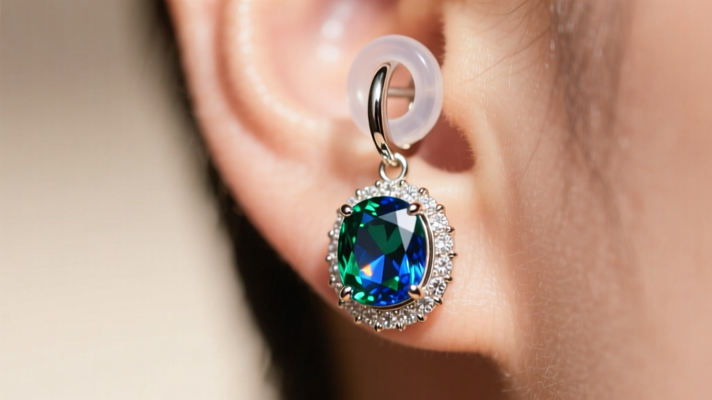 Macro shot of a gemstone earring secured on a lobe using a silicone O-ring back to stop the decorative front from sagging down.