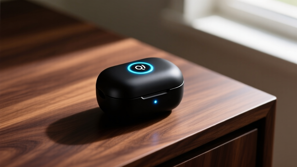 Matte-black true wireless earbuds charging case with glowing LED indicator and magnetic Qi2 alignment ring resting on a dark wooden desk