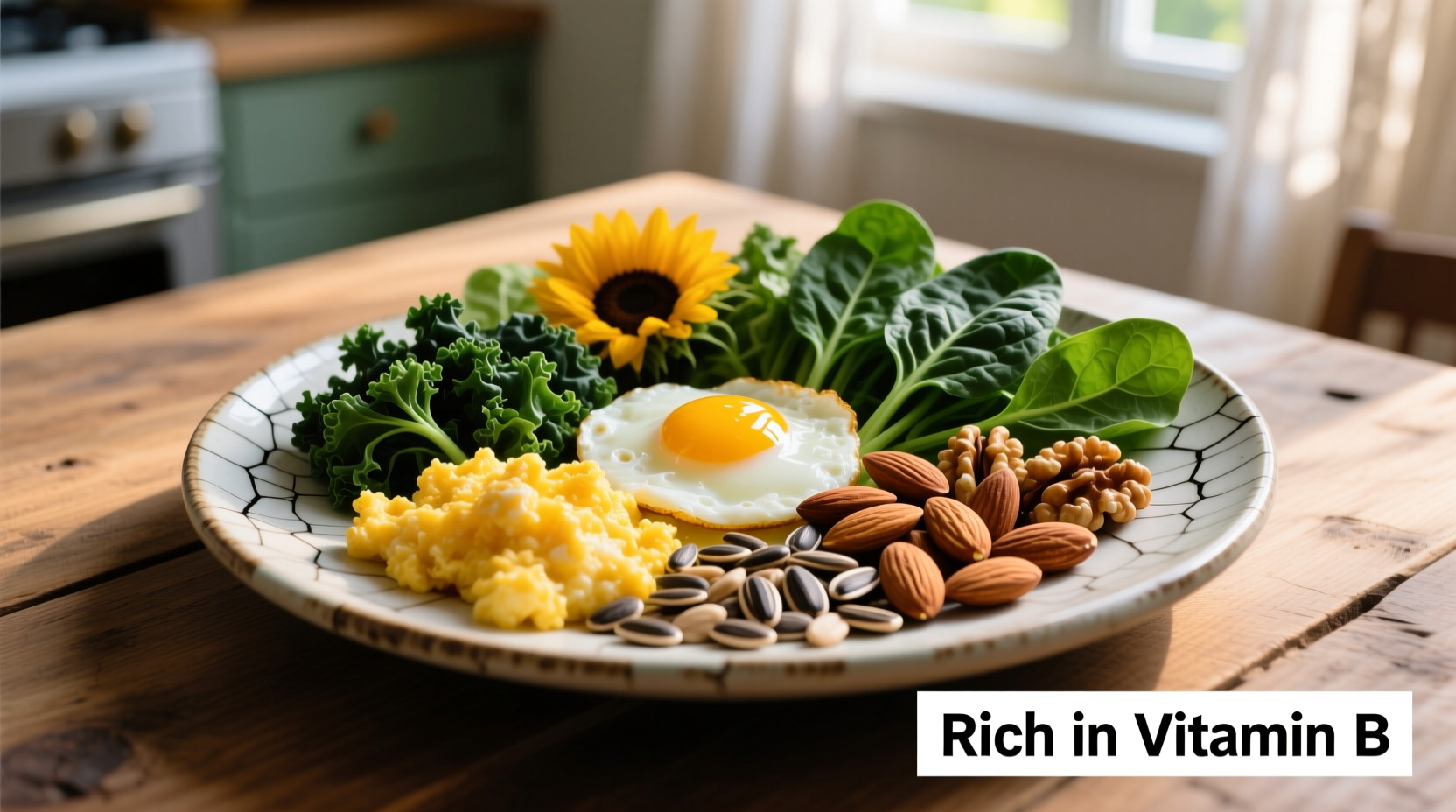 Colorful plate of vitamin B rich foods including eggs, leafy greens, and nuts