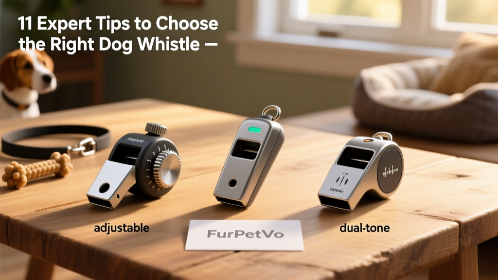 Side-by-side comparison of three FurPetVo whistle models: adjustable, ultrasonic, and dual-tone