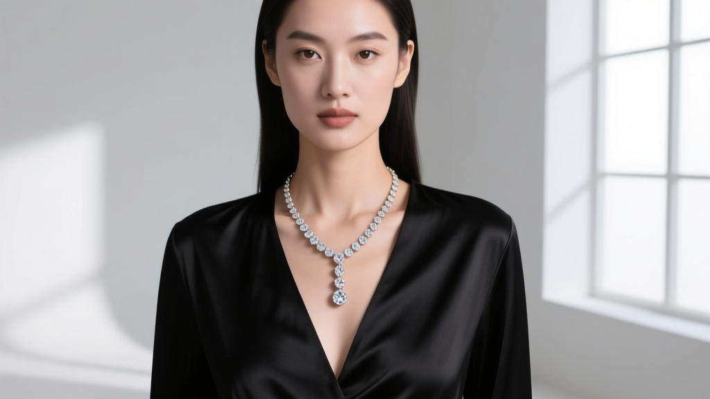 Elegant model wearing an 18k white gold lariat diamond necklace with a 2-inch sliding drop over a black silk deep V-neck blouse.