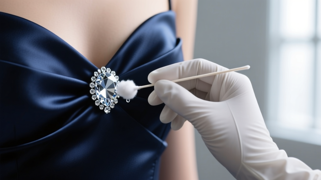 Gloved hand using a cotton micro-swab and distilled water to carefully clean a foil-backed rhinestone on a dark silk dress bodice.