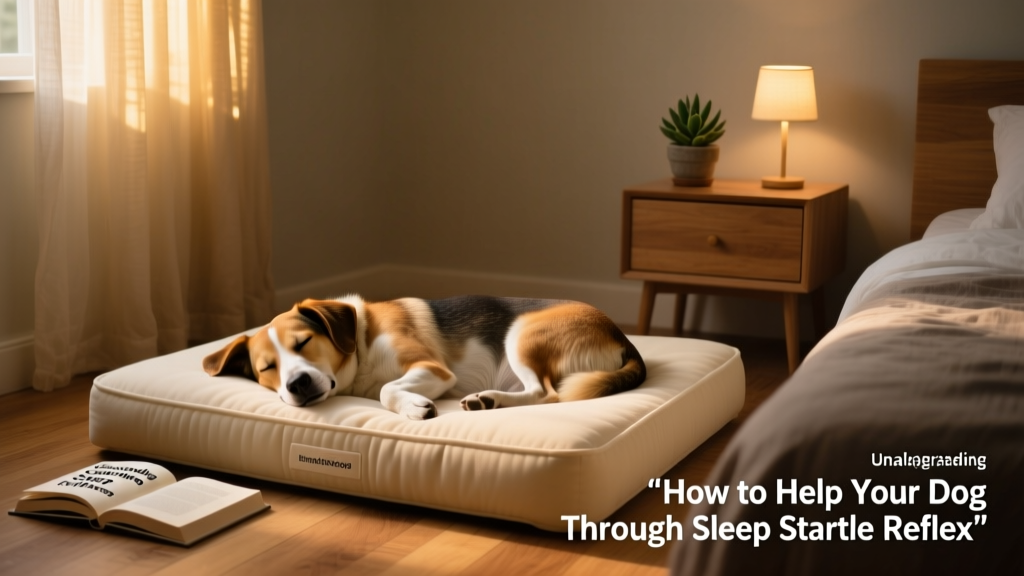 A calm dog sleeping peacefully on a soft bed in a quiet, dimly lit room