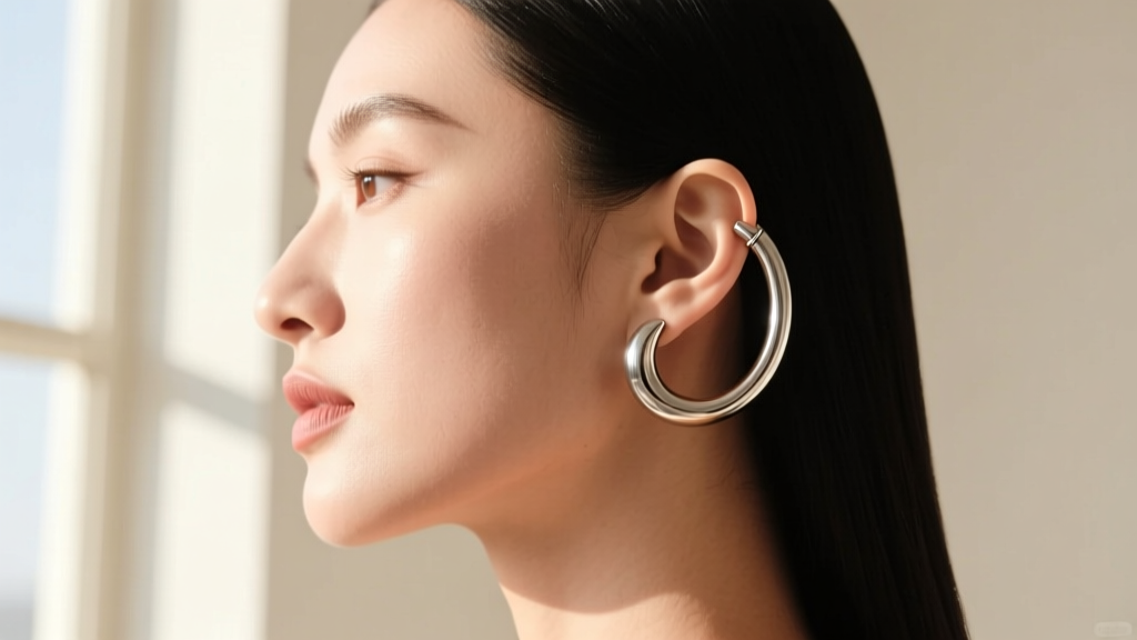 Side profile of a woman wearing a titanium full ear earring wrap, showing secure fit on helix and lobe in bright natural light.