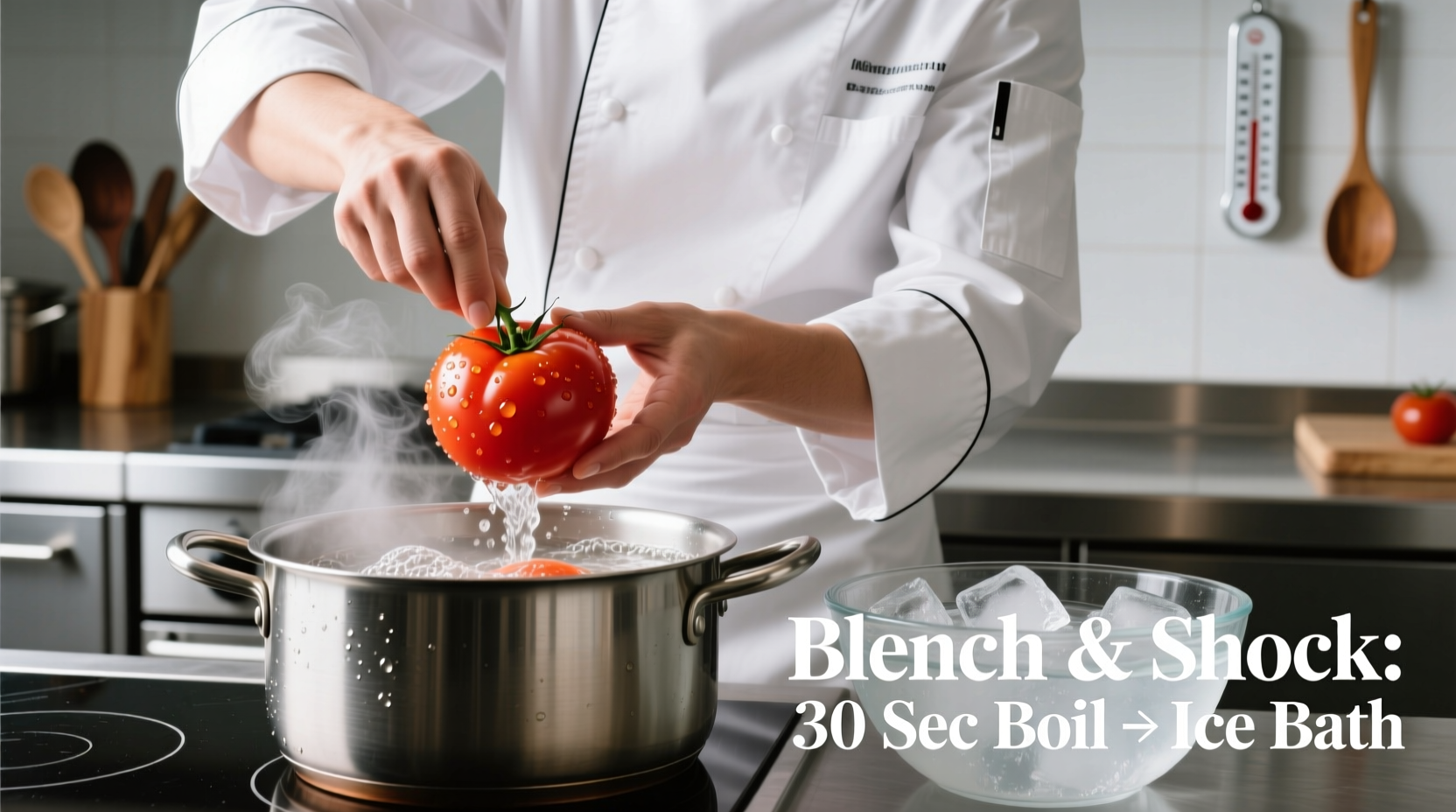 Chef demonstrating proper tomato blanching technique with ice bath