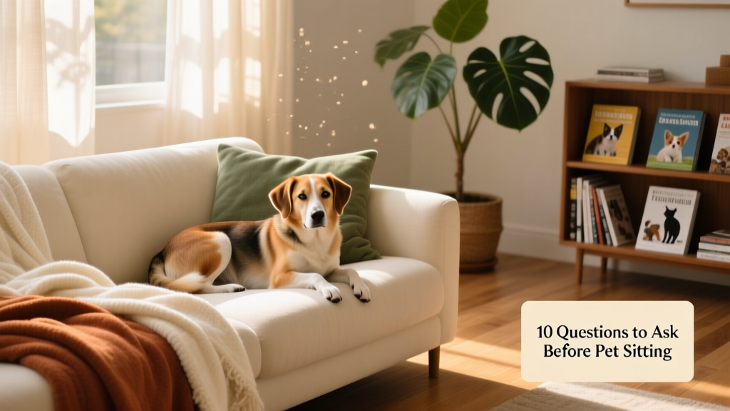 A dog resting peacefully on a cozy living room sofa, surrounded by soft blankets and natural light