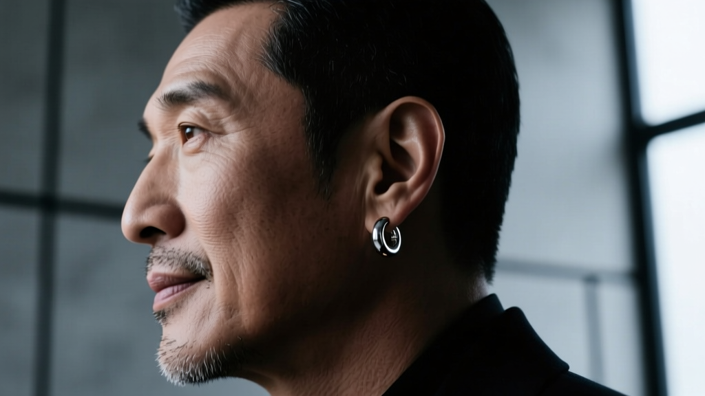 Side profile of a man wearing an 8mm hinged clicker silver hoop earring in the upper helix cartilage under moody cinematic lighting.