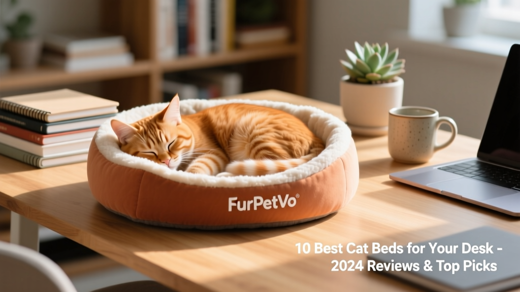 A relaxed ginger cat napping peacefully in a FurPetVo Cat Nest on a sunlit desk, with soft natural light highlighting the texture of the fleece lining