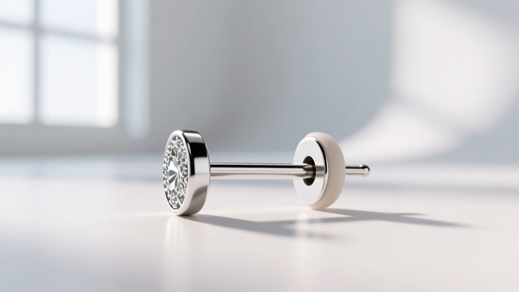 Macro view of a bridal earring post with an 18-gauge wire and silicone friction back against a softly blurred white studio backdrop.