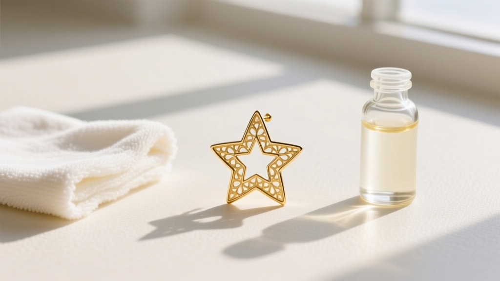Flat lay of jewelry care supplies including a microfiber cloth, mild soap, and a gold vermeil star earring in bright natural light