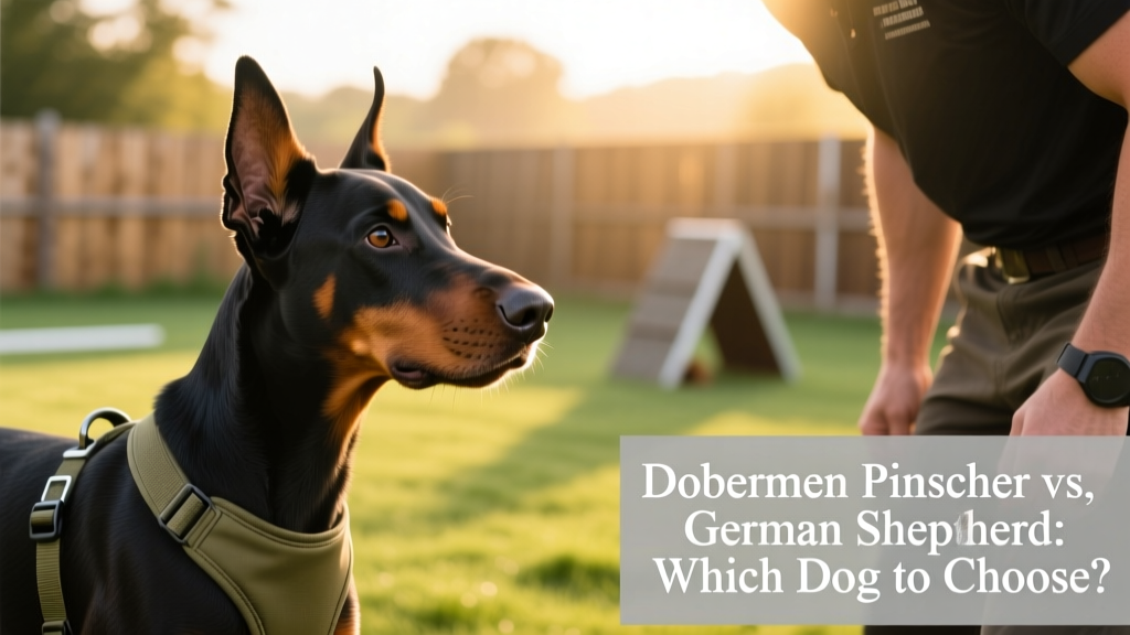 A Doberman Pinscher focused on a trainer during an obedience session, wearing a lightweight harness and listening intently