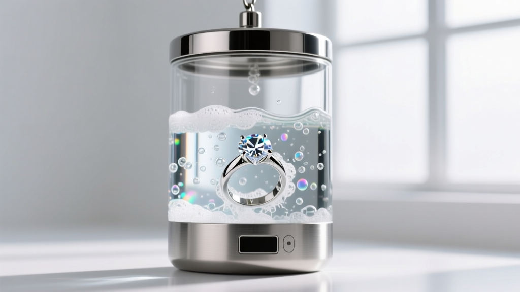 Stainless steel electronic jewelry cleaner tank holding a diamond ring in soapy water with visible microscopic cavitation bubbles