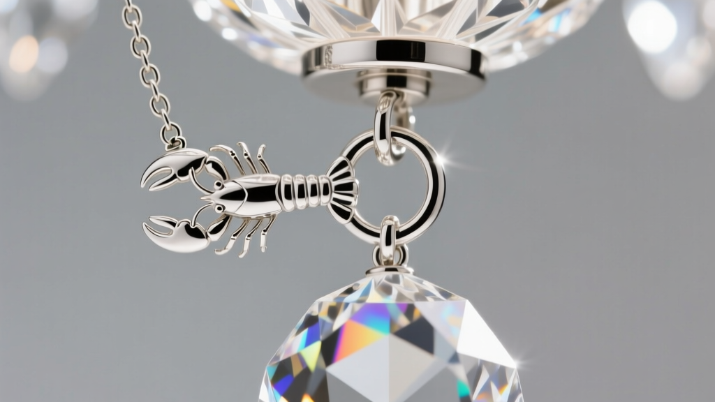 Macro shot of a sterling silver lobster clasp and jump ring connecting a chain to a heavy crystal chandelier pendant component.