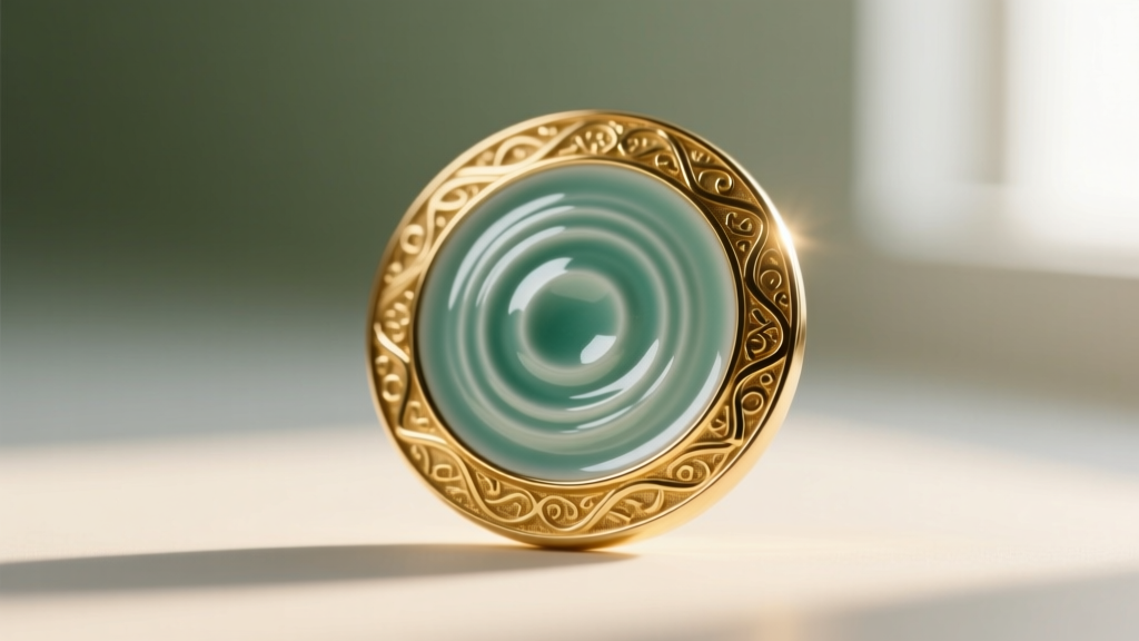 Macro shot of vitreous enamel medallion showing glass-like finish and intricate 14k gold bezel setting against blurred background.
